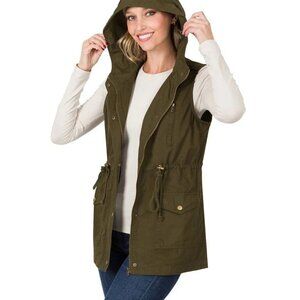 Zenana Drawstring Waist Military Hoodie Vest Womens Large Olive Utility Gorpcore
